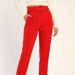 Red Belted High-Waisted Tapered Trouser Pants